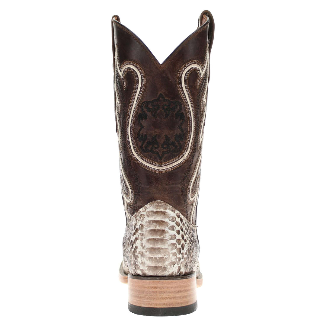 Mens black leather western boots with round toe and decorative stitching, featuring full-quill ostrich leather on the foot for added texture.