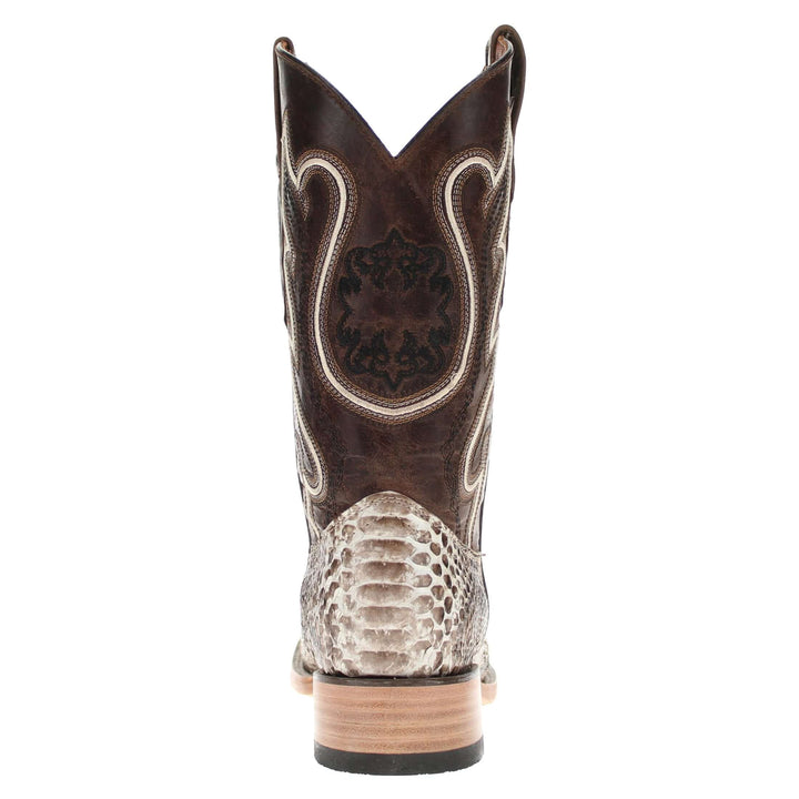 Mens black leather western boots with round toe and decorative stitching, featuring full-quill ostrich leather on the foot for added texture.