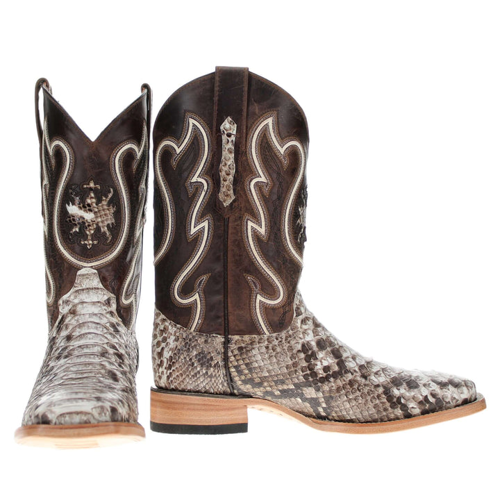 Mens black leather western boots with round toe and decorative stitching, featuring full-quill ostrich leather on the foot for added texture.