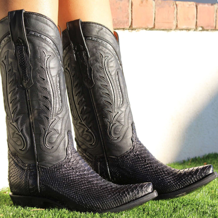 Womens Black Python Leather Sniptoe Western Snip Toe Boots by Vaccari