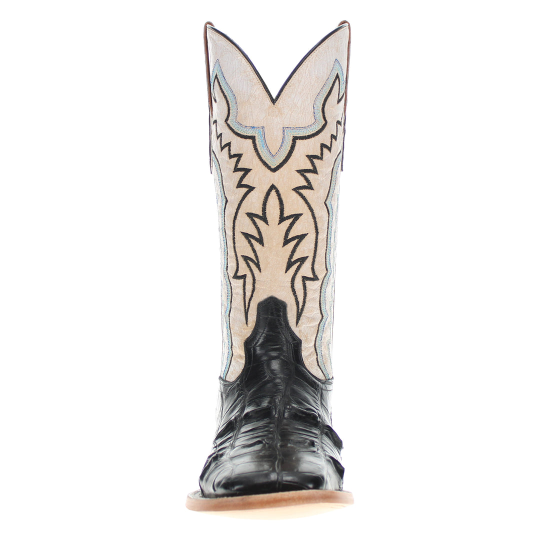 Headcut black American alligator leather cowboy boots with a broad square toe amde by Vaccari boots.