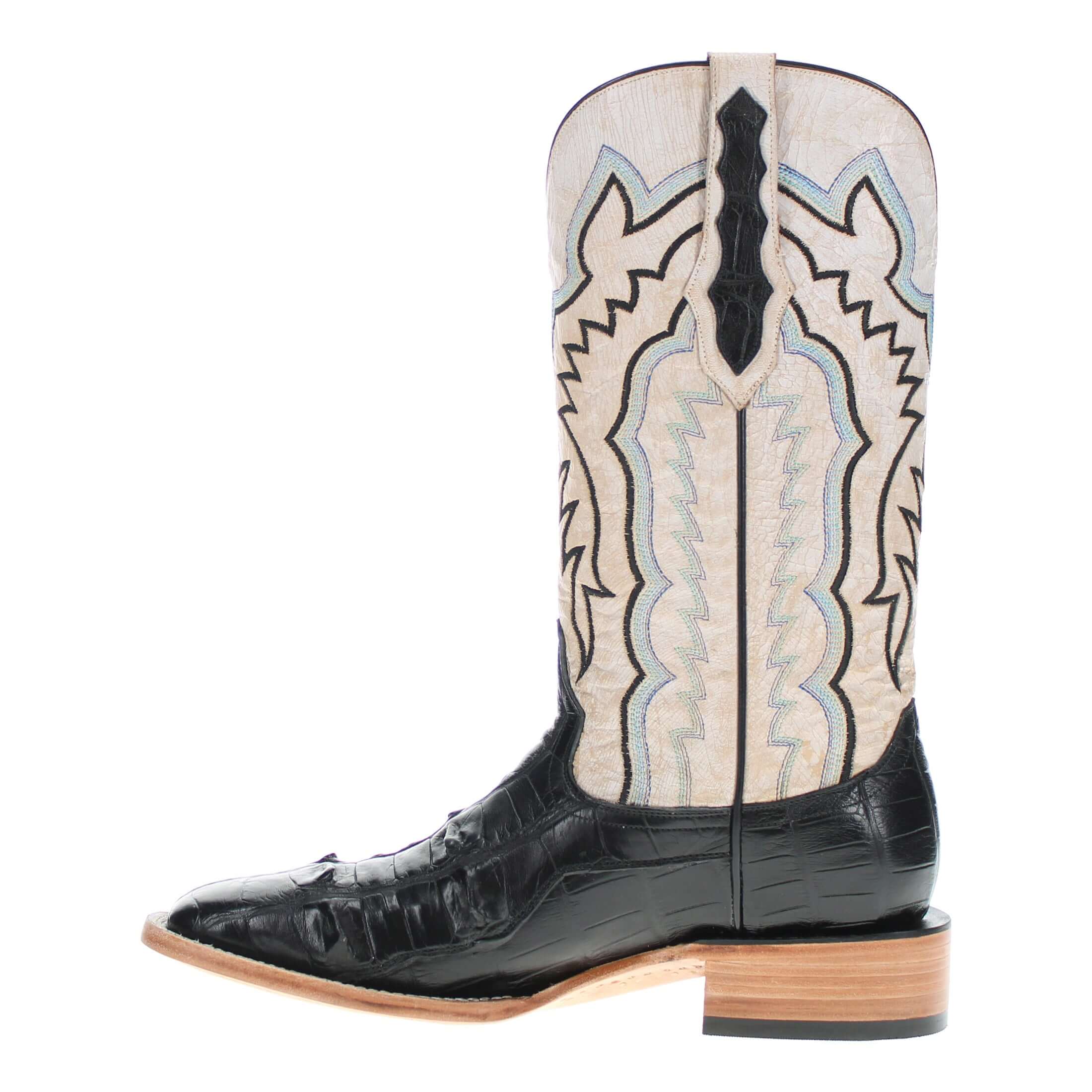 Headcut black American alligator leather cowboy boots with a broad square toe amde by Vaccari boots.