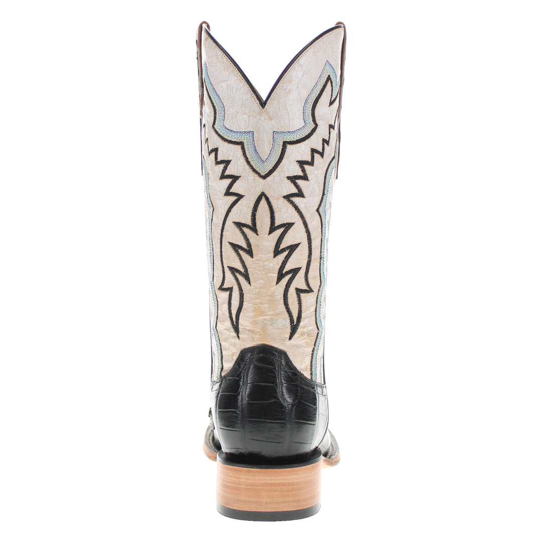 Headcut black American alligator leather cowboy boots with a broad square toe amde by Vaccari boots.