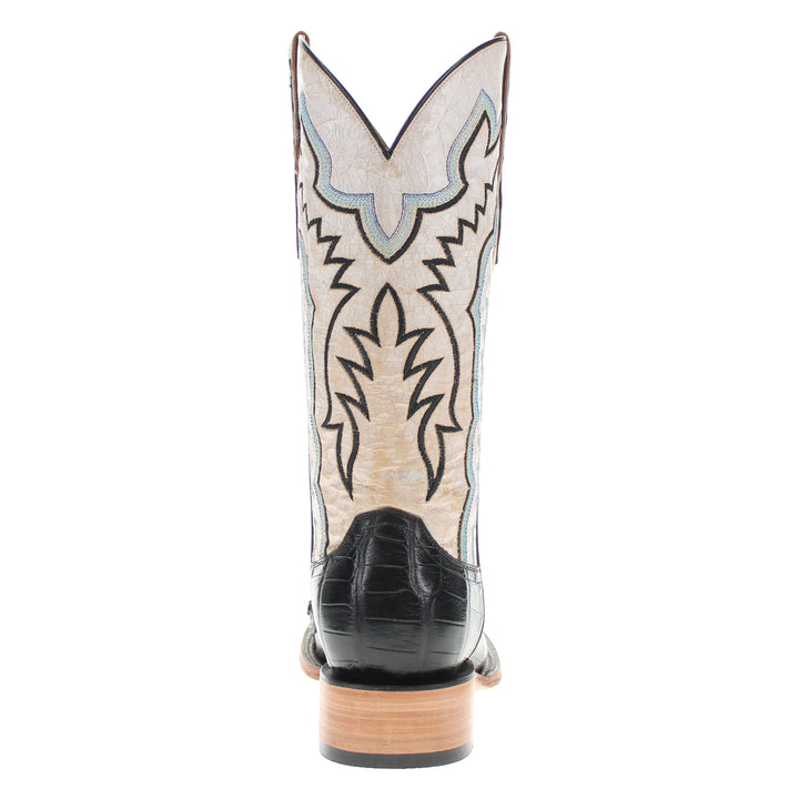 Headcut black American alligator leather cowboy boots with a broad square toe amde by Vaccari boots.