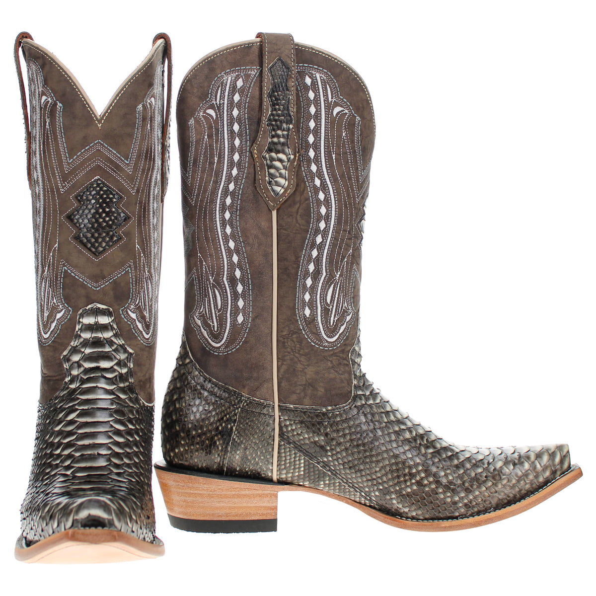Snake-print cowboy boot pair, front and side views showing tall shafts and decorative stitching