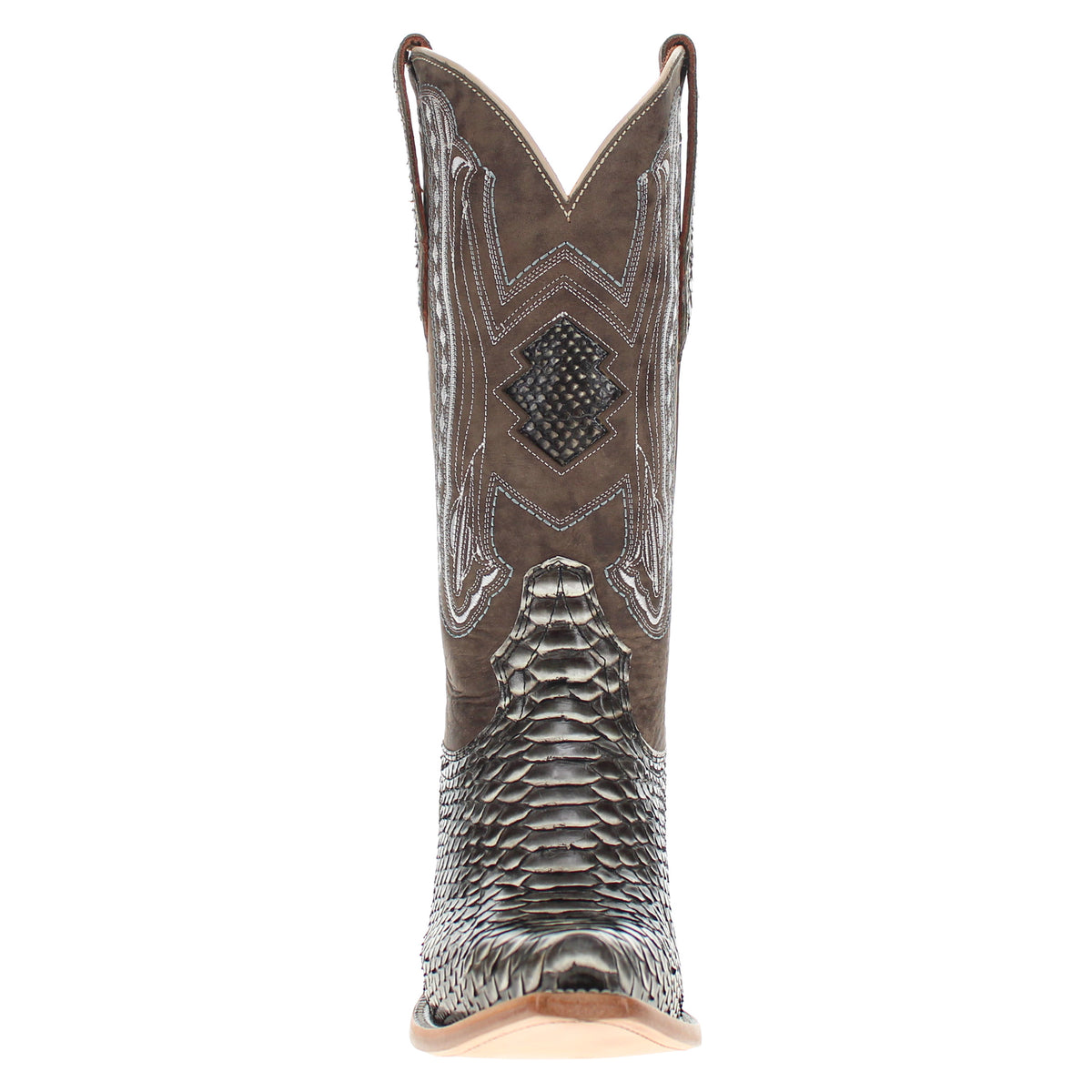 Snake-print cowboy boots with tall shaft, decorative panel stitching, and cushioned insole
