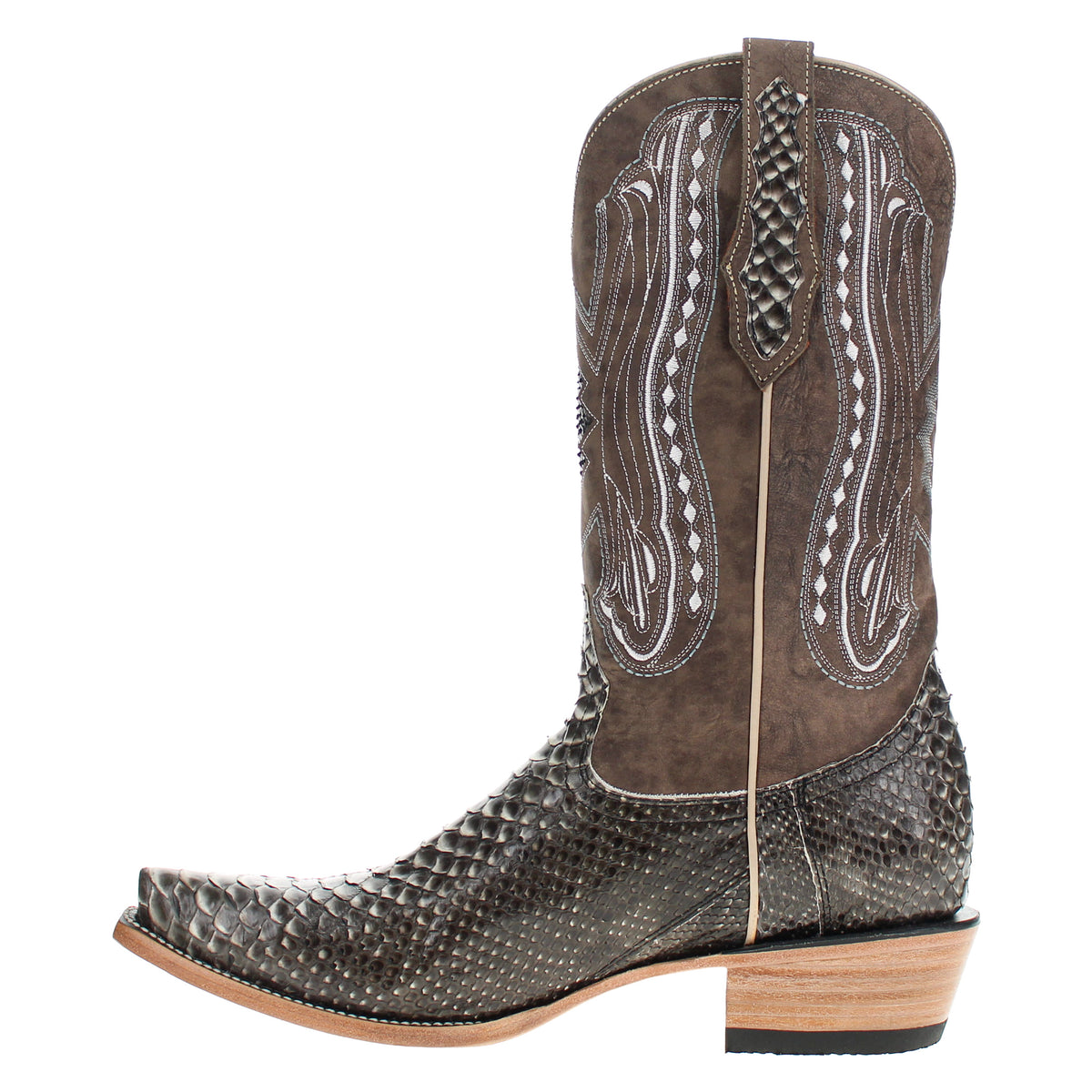 Snake-print cowboy boots, side profile with contrast decorative stitching and wooden heel