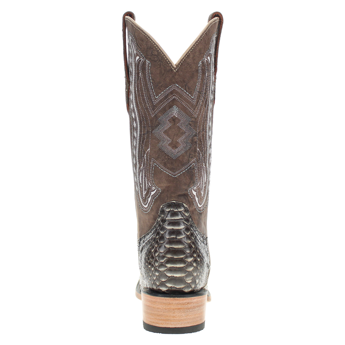 Snake-print cowboy boots, side view with tall shaft and dark gray scale toe