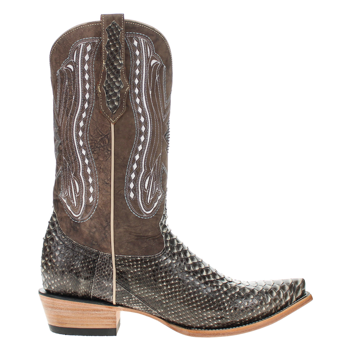 Snake-print cowboy boot pair, angled view with tall shaft, stitched panels, and wood sole