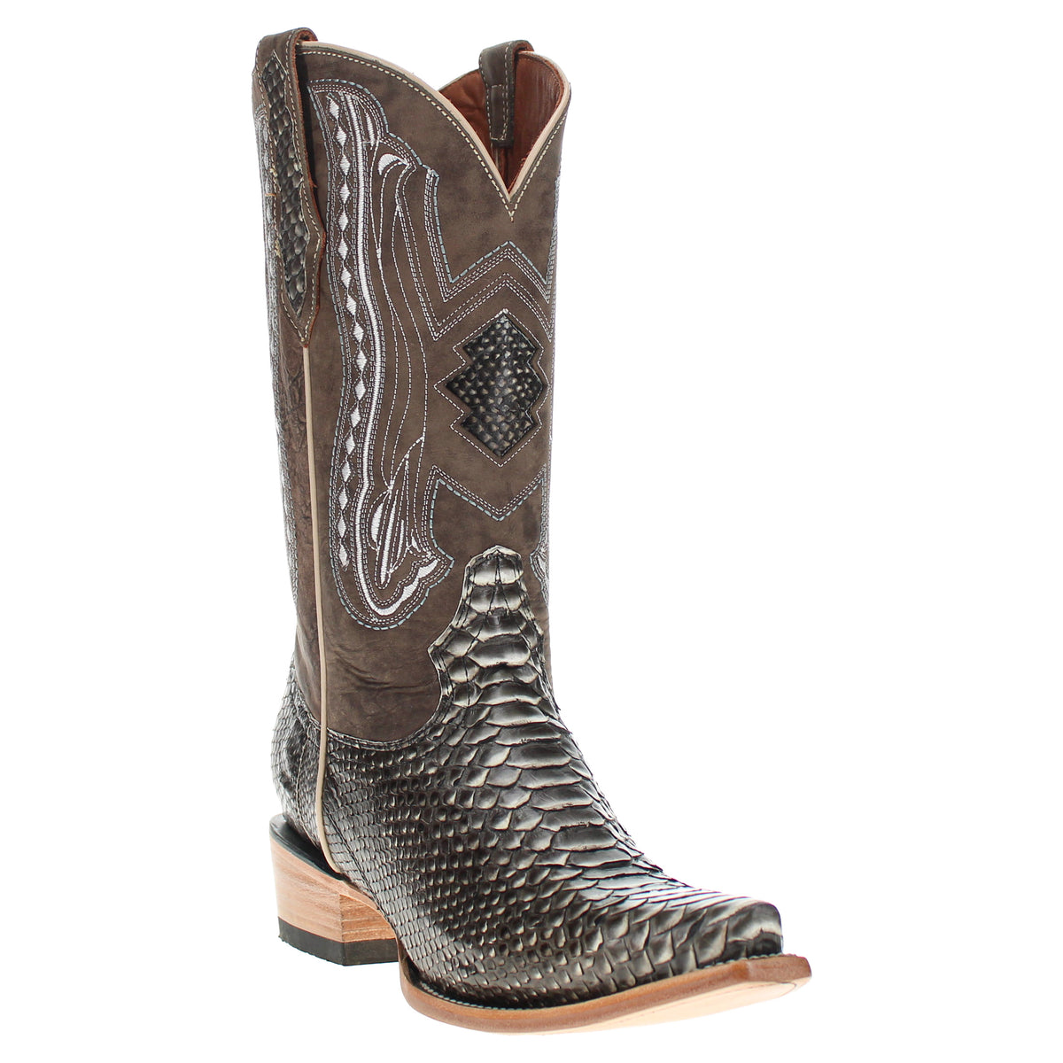 Snake-print cowboy boot, front three-quarter view with detailed inlay panels and low block heel