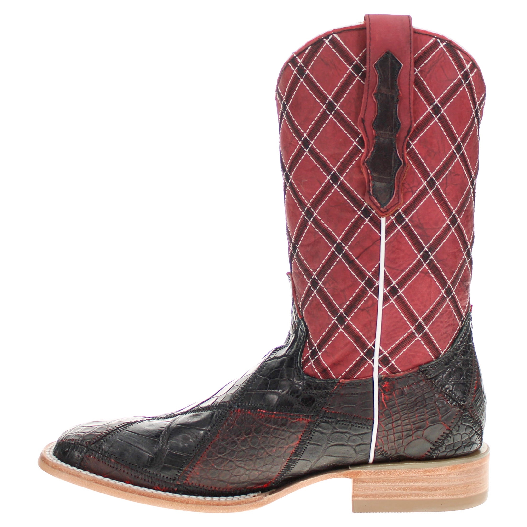 Men's Black Cherry Patchwork Alligator Belly Square Toe Cowboy Boots Boone by Vaccari