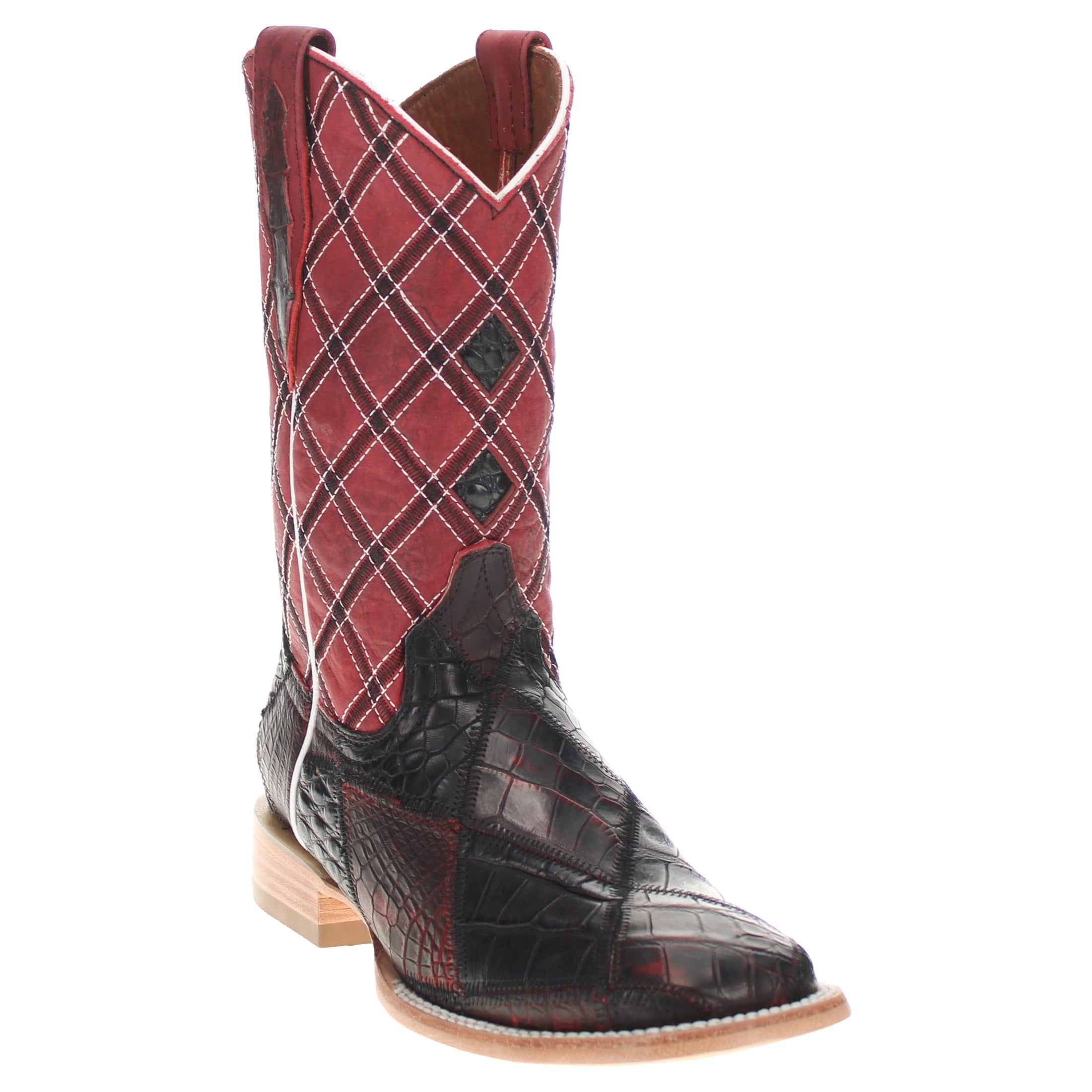 Men's Black Cherry Patchwork Alligator Belly Square Toe Cowboy Boots Boone by Vaccari