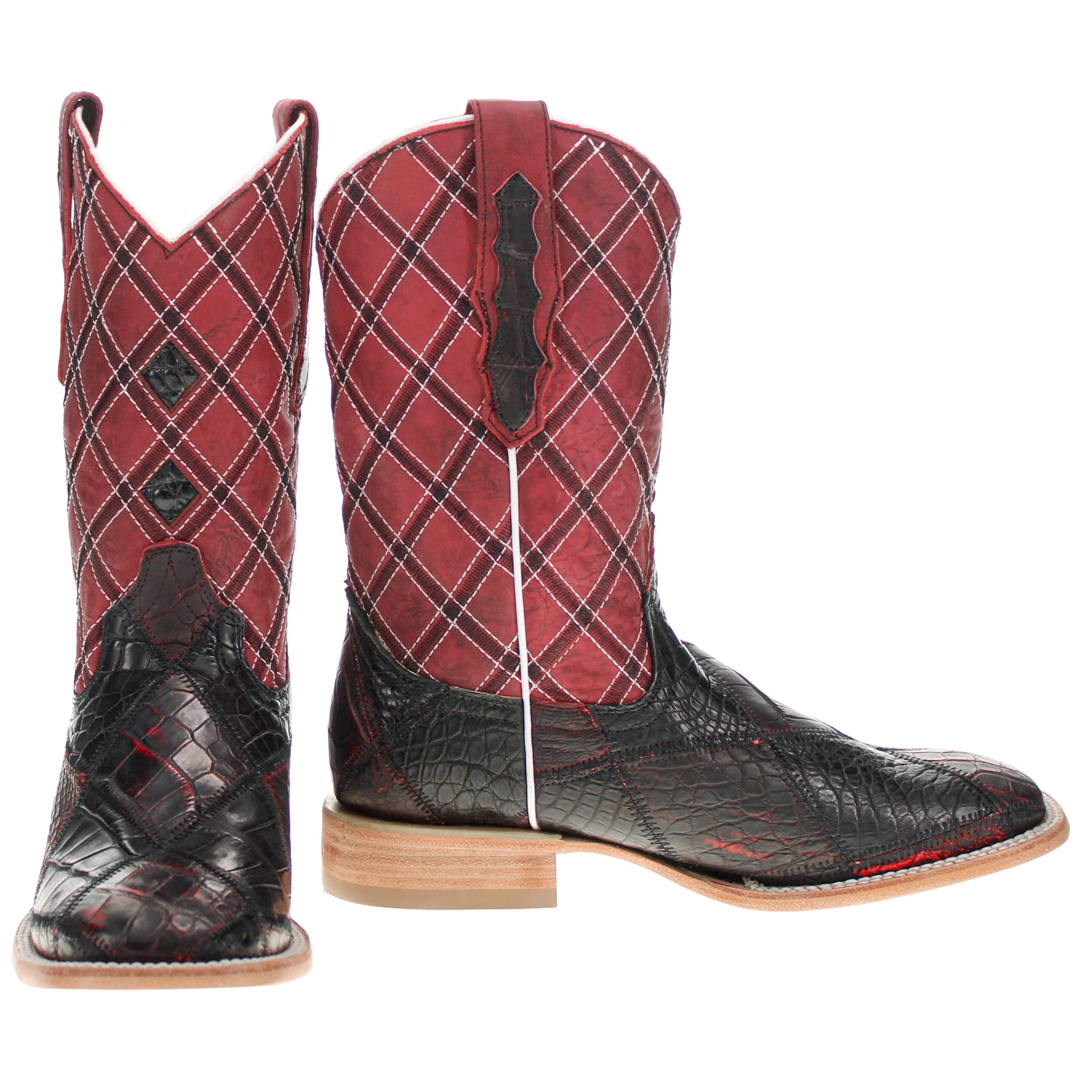 Men's Black Cherry Patchwork Alligator Belly Square Toe Cowboy Boots Boone by Vaccari