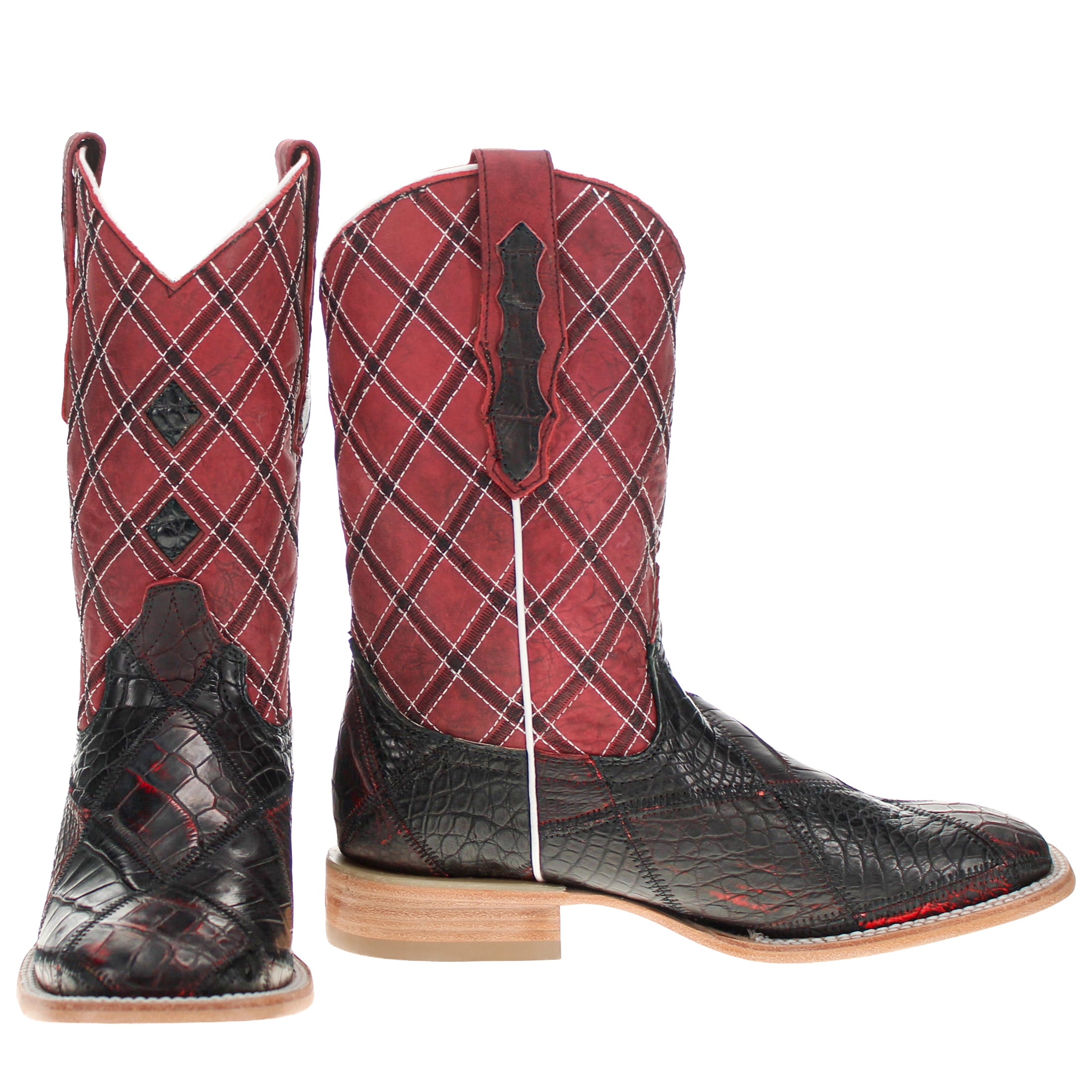 Men's Black Cherry Patchwork Alligator Belly Square Toe Cowboy Boots Boone by Vaccari