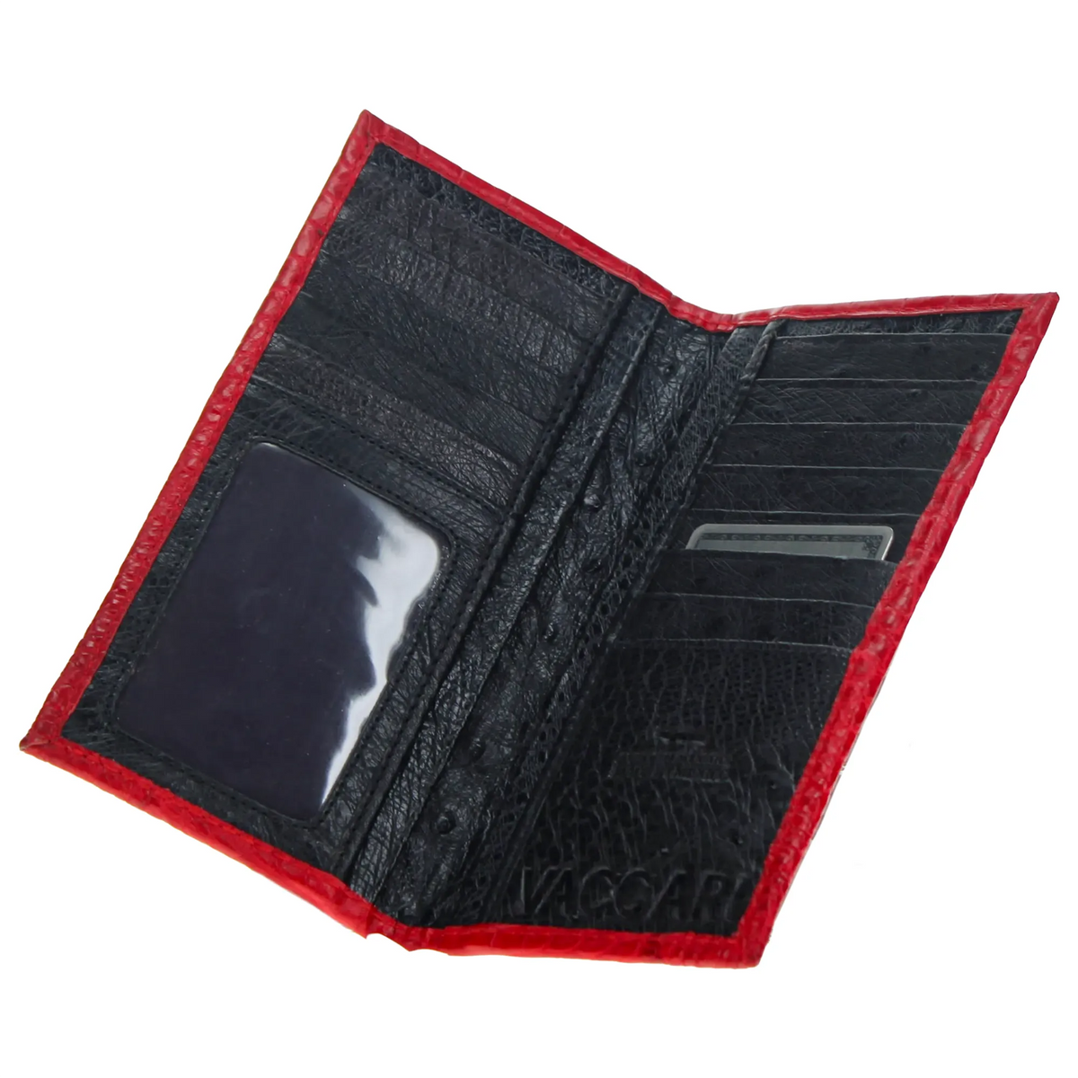 American Alligator checkbook wallet open view, black interior with red trim and card slot