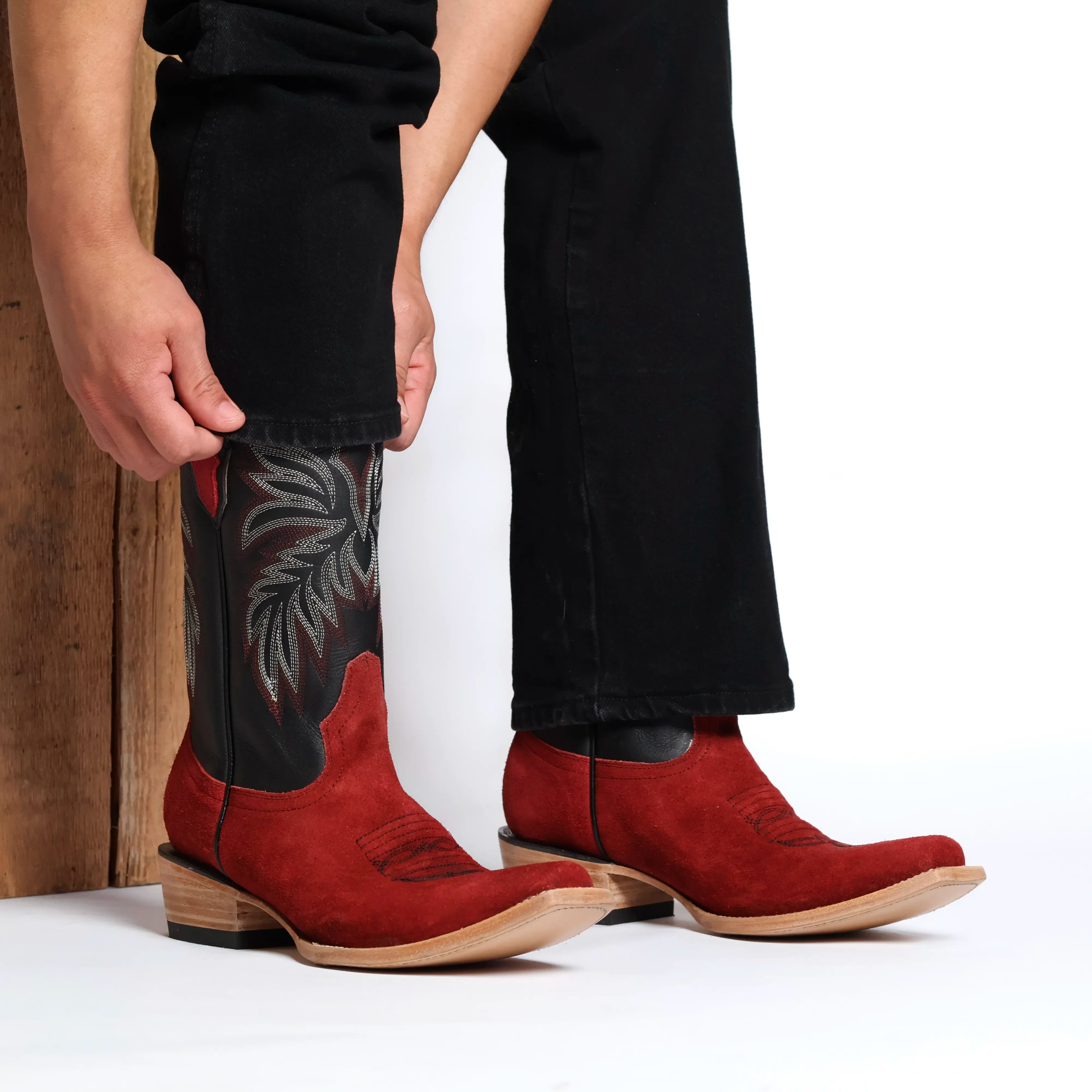Men's Red Suede Vamp JW Toe Cowboy Boots by Vaccari