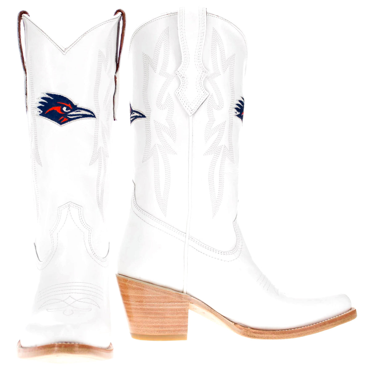 Pair of white cowboy boots, angled side view; blue bird logo and brown stacked heels
