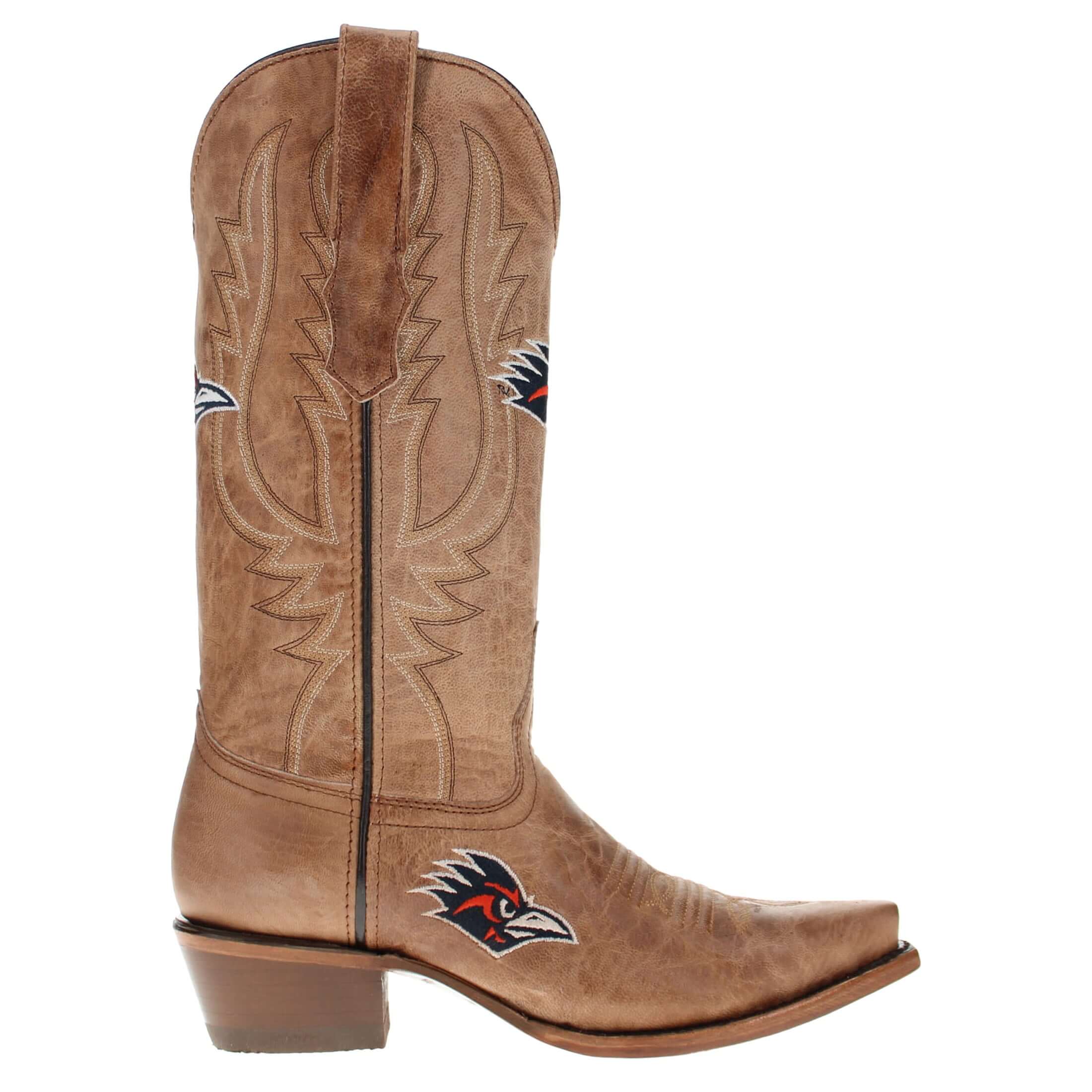 Women's University of Texas at San Antonio UTSA Roadrunners Tan Leather Snip Toe Cowgirl Boots by Vaccari