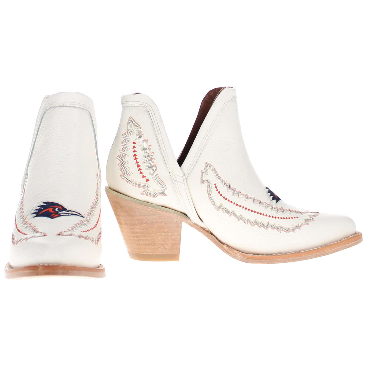 Pair of white western cowboy boots with eagle embroidery and tan block heels
