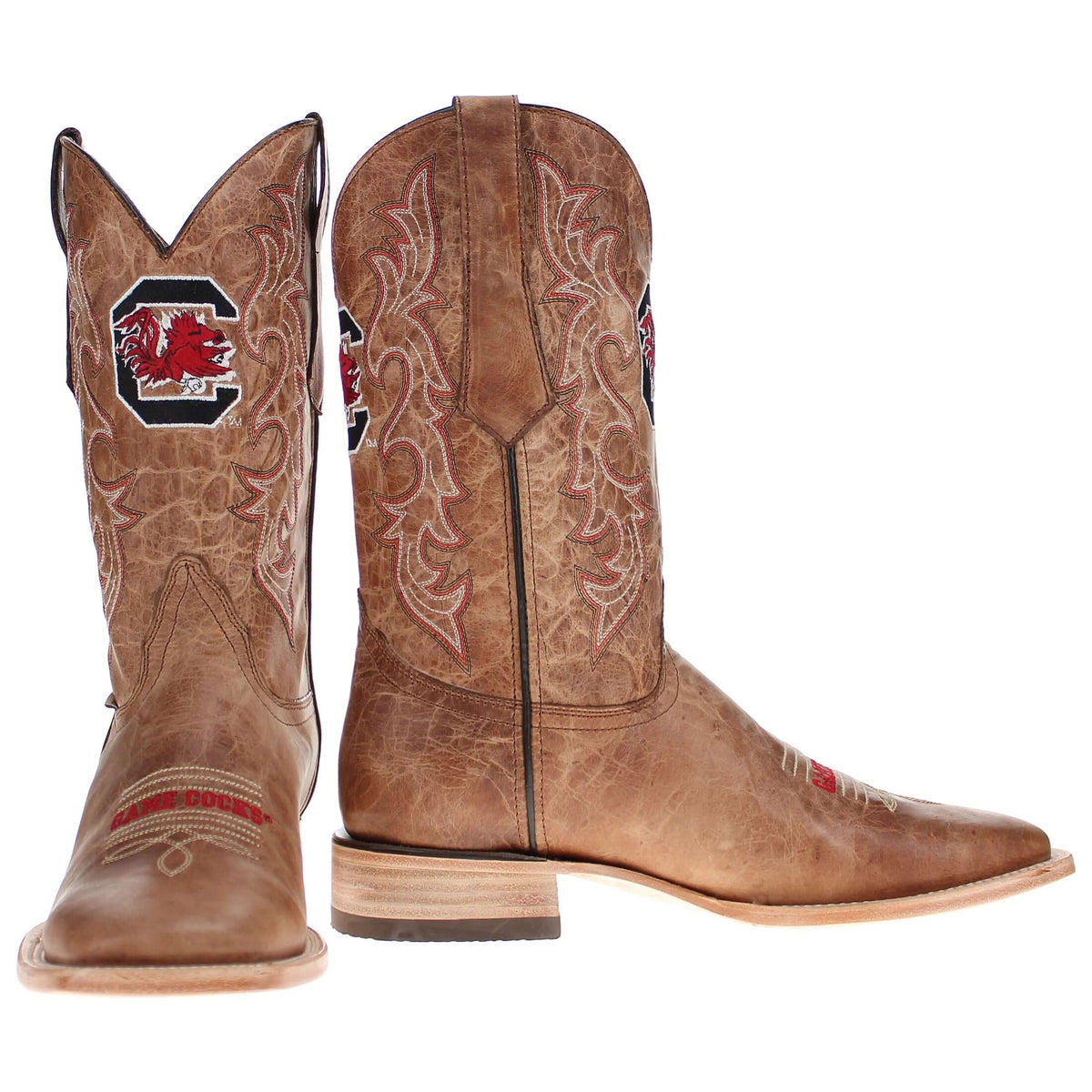 Pair of brown western cowboy boots with red-and-white crest and floral embroidery