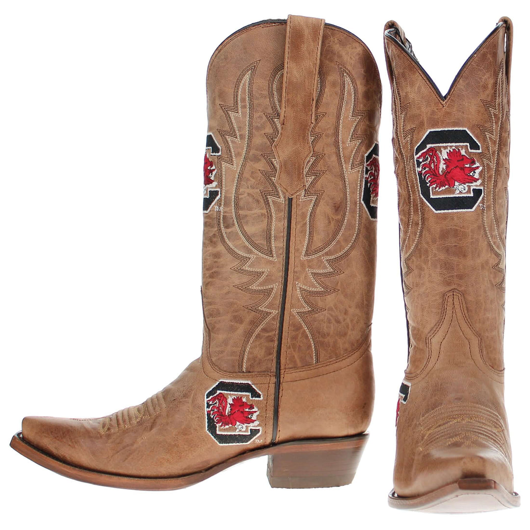 Women's University of South Carolina Gamecocks Tan Leather Snip Toe Cowgirl Boots by Vaccari
