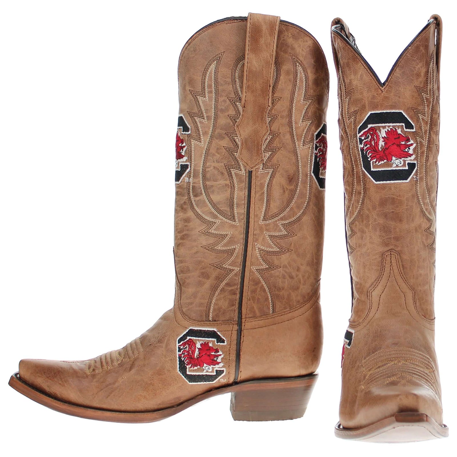Women's University of South Carolina Gamecocks Tan Leather Snip Toe Cowgirl Boots by Vaccari