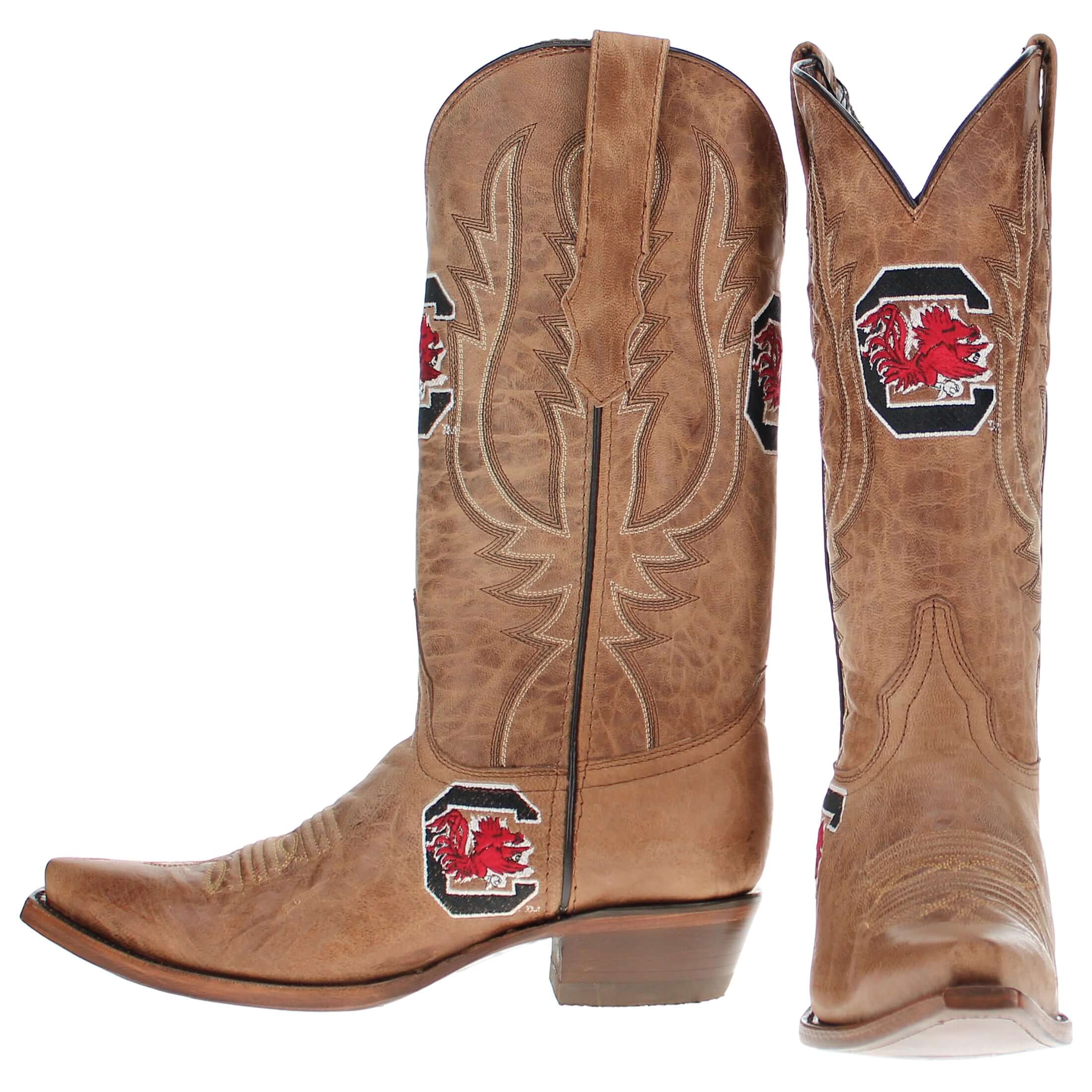 Women's University of South Carolina Gamecocks Tan Leather Snip Toe Cowgirl Boots by Vaccari