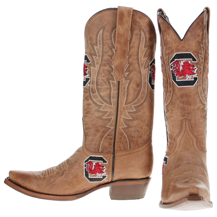 Women's University of South Carolina Gamecocks Tan Leather Snip Toe Cowgirl Boots by Vaccari