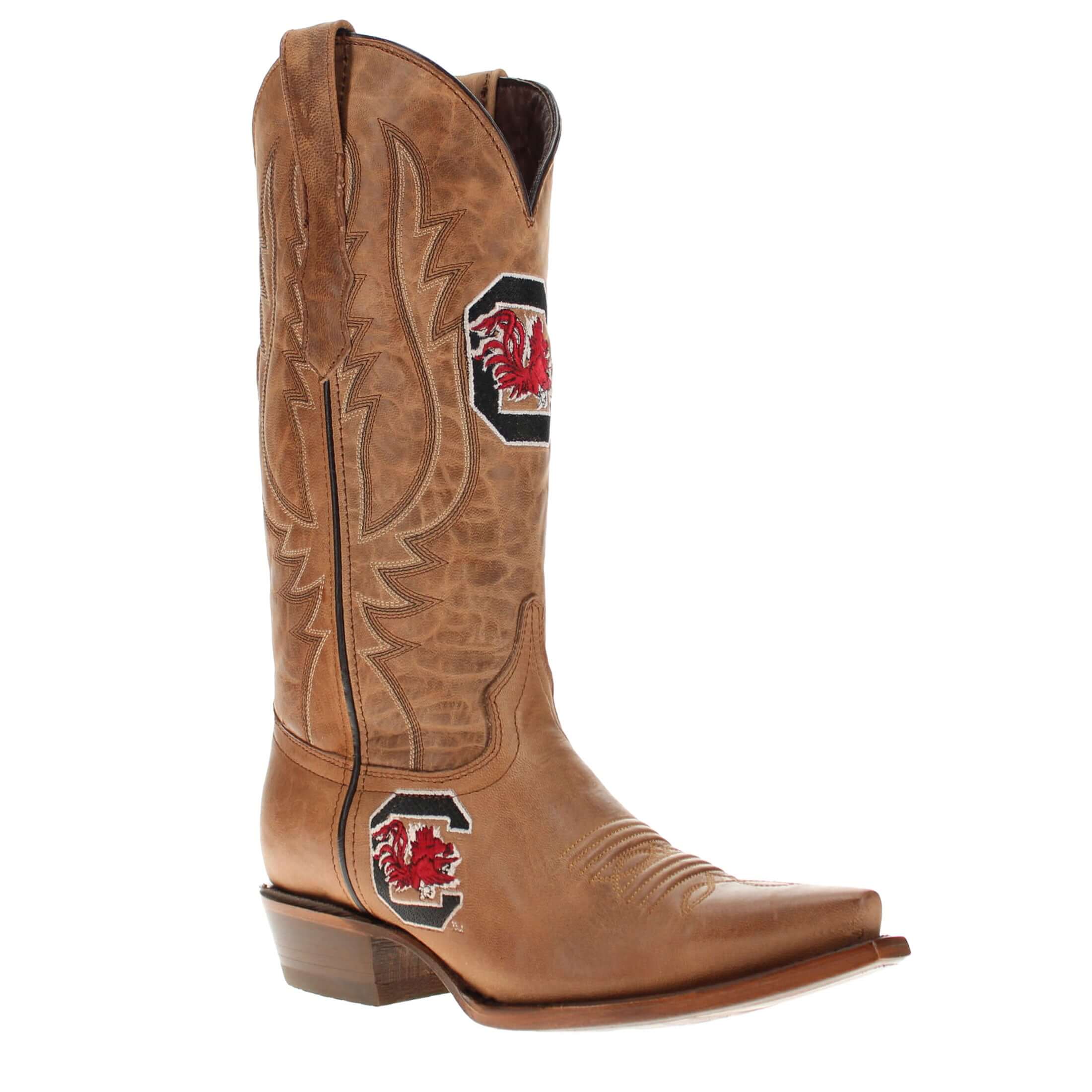 Women's University of South Carolina Gamecocks Tan Leather Snip Toe Cowgirl Boots by Vaccari