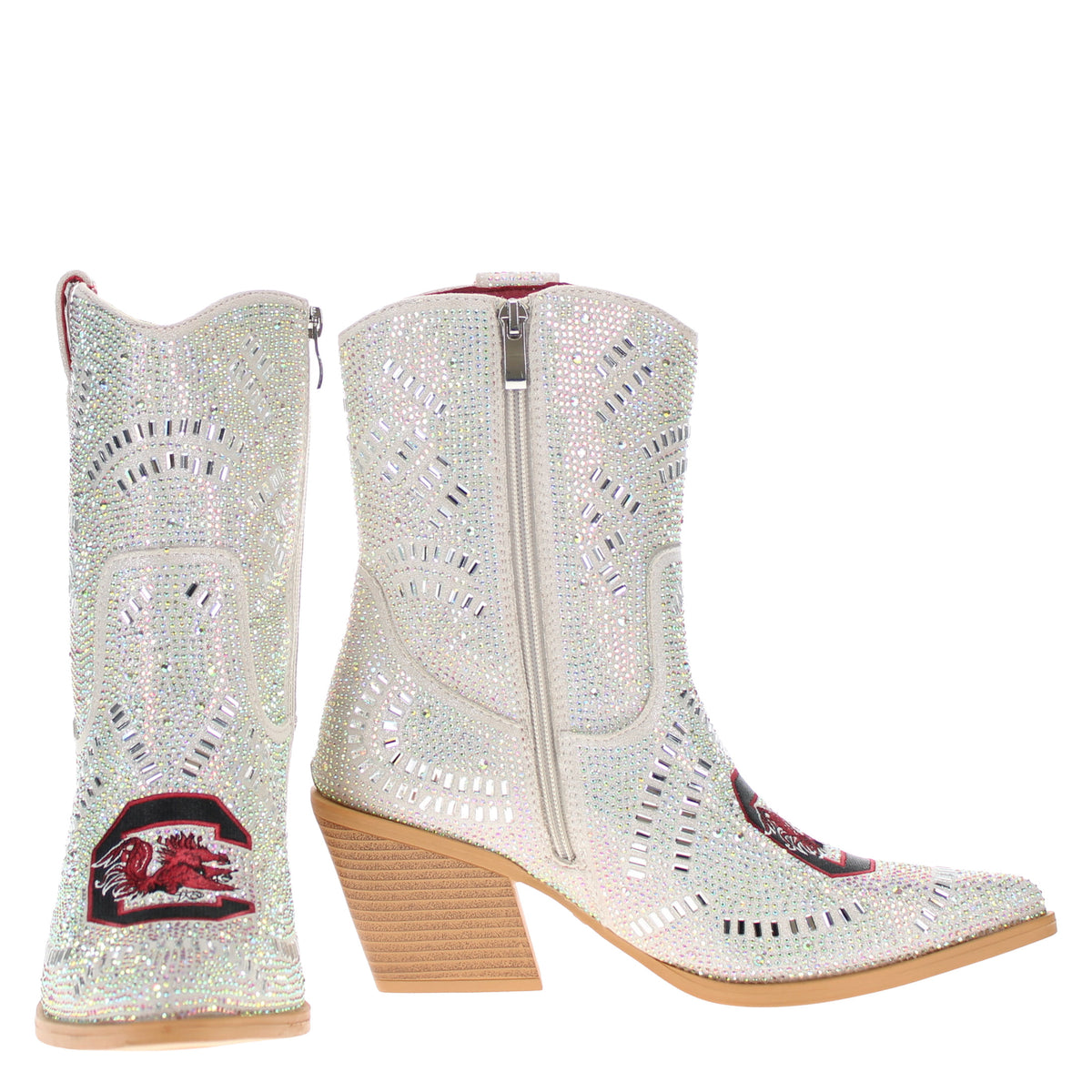 Pair of sparkly light cowboy boots with side zippers and tan block heels
