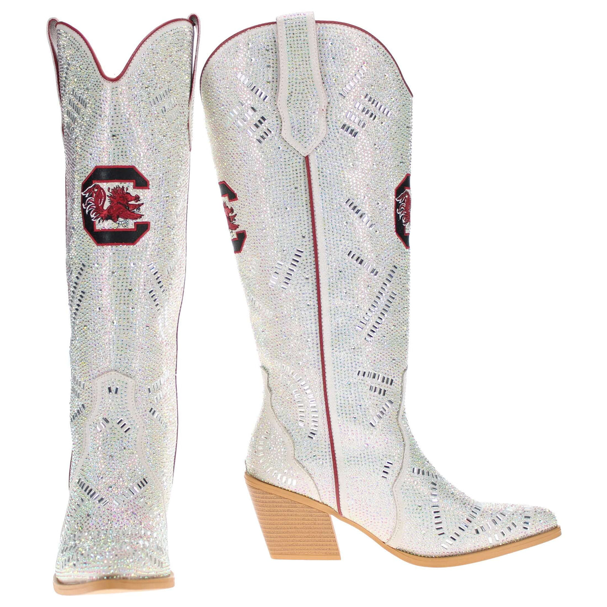 Pair of glitter rhinestone cowboy boots, mid-calf, stacked wood-tone heel, logo accents