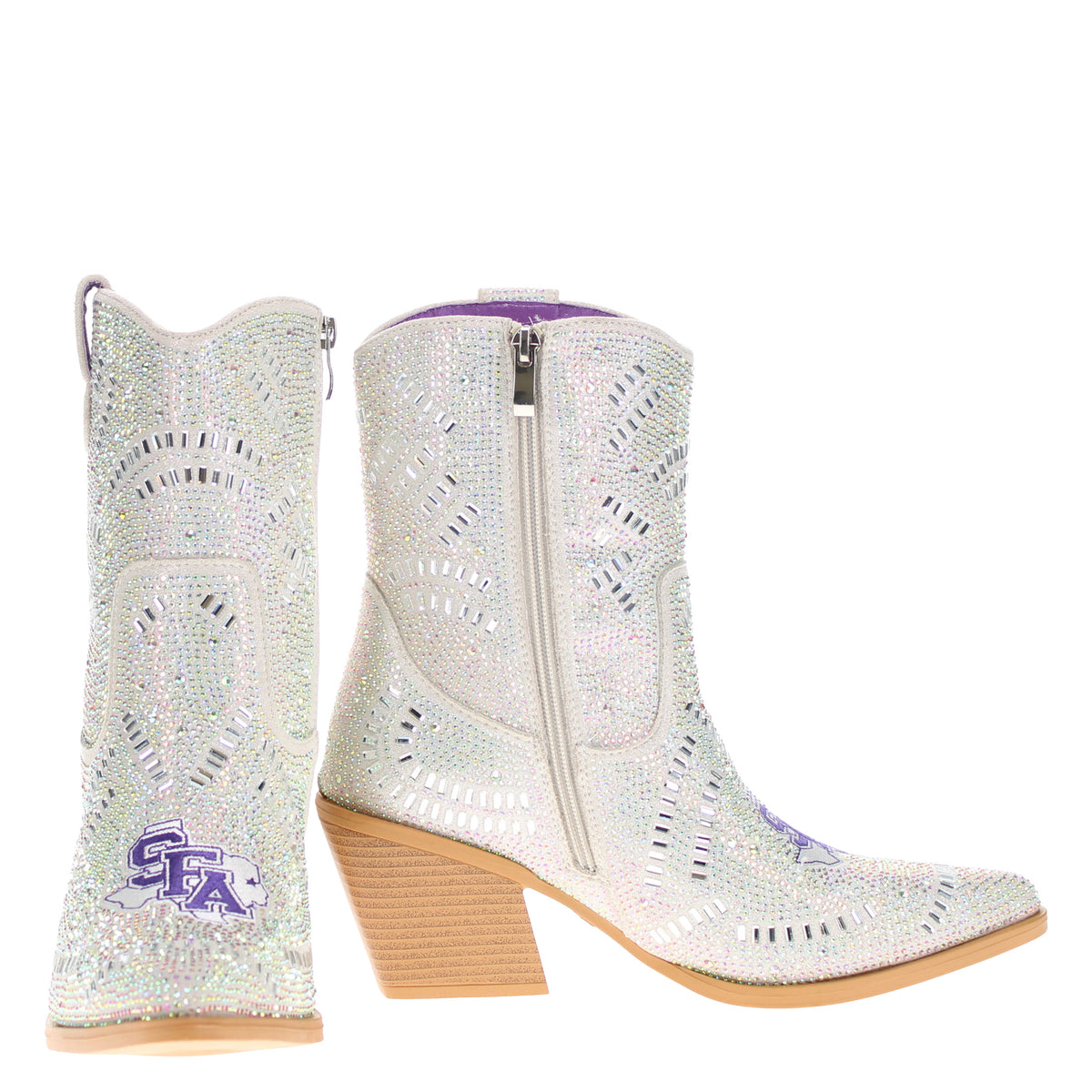 Shimmer rhinestone cowboy boots with purple side logo, short stacked heel
