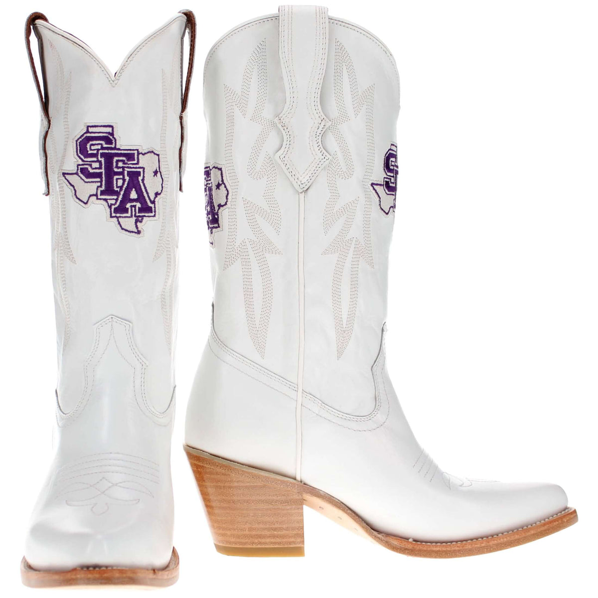 Pair of white cowboy boots with purple logo, brown heels, and pointed toes
