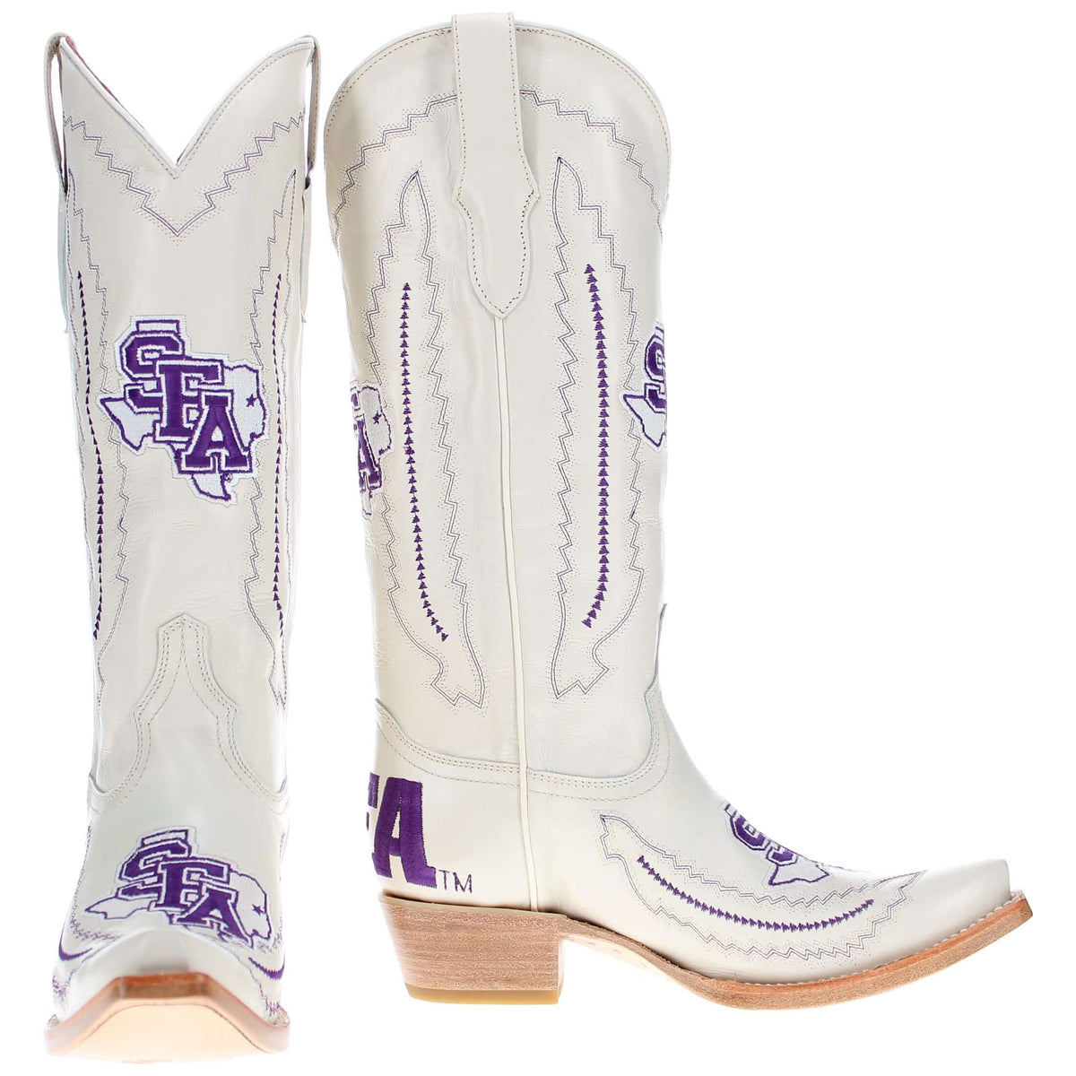 White cowboy boots with purple stitched logo on shaft and wide pull-on opening