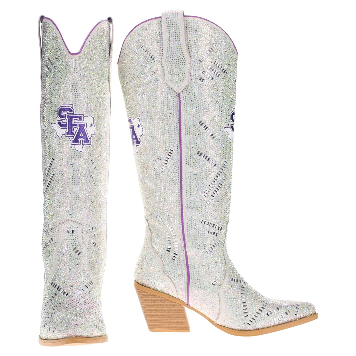 Sparkly white-silver cowboy boots with SF-A logo, tan block heel, pointed toe