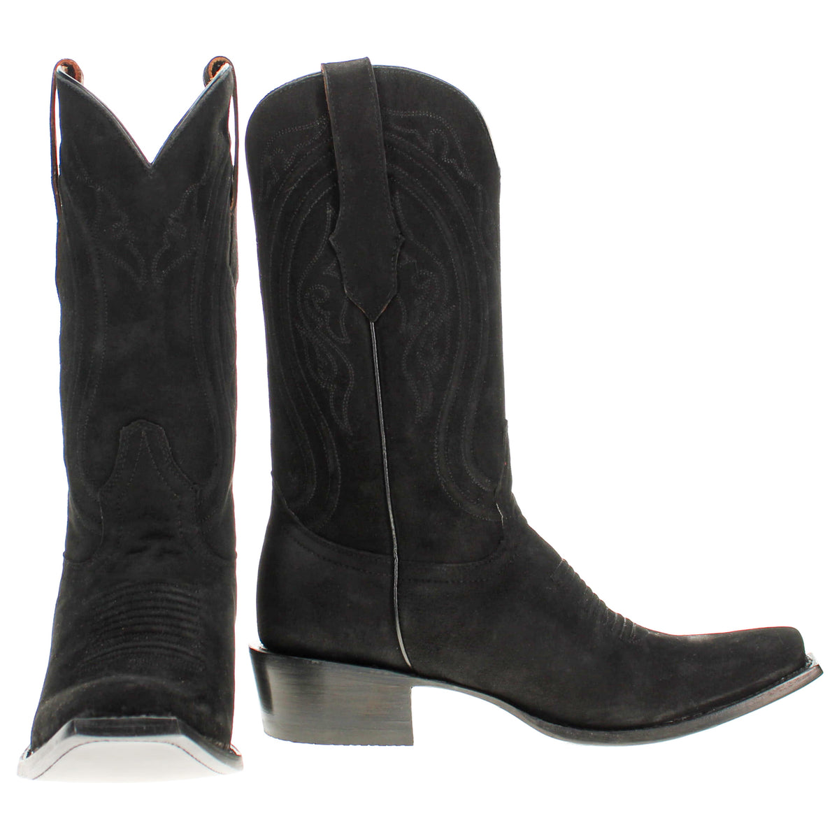 Pair of black western boots with stitched design and block heels