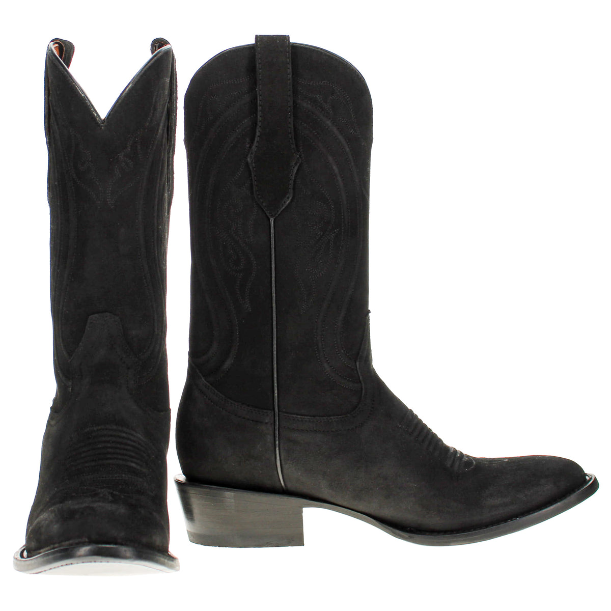 Pair of black suede cowboy boots standing side-by-side with stacked block heels.