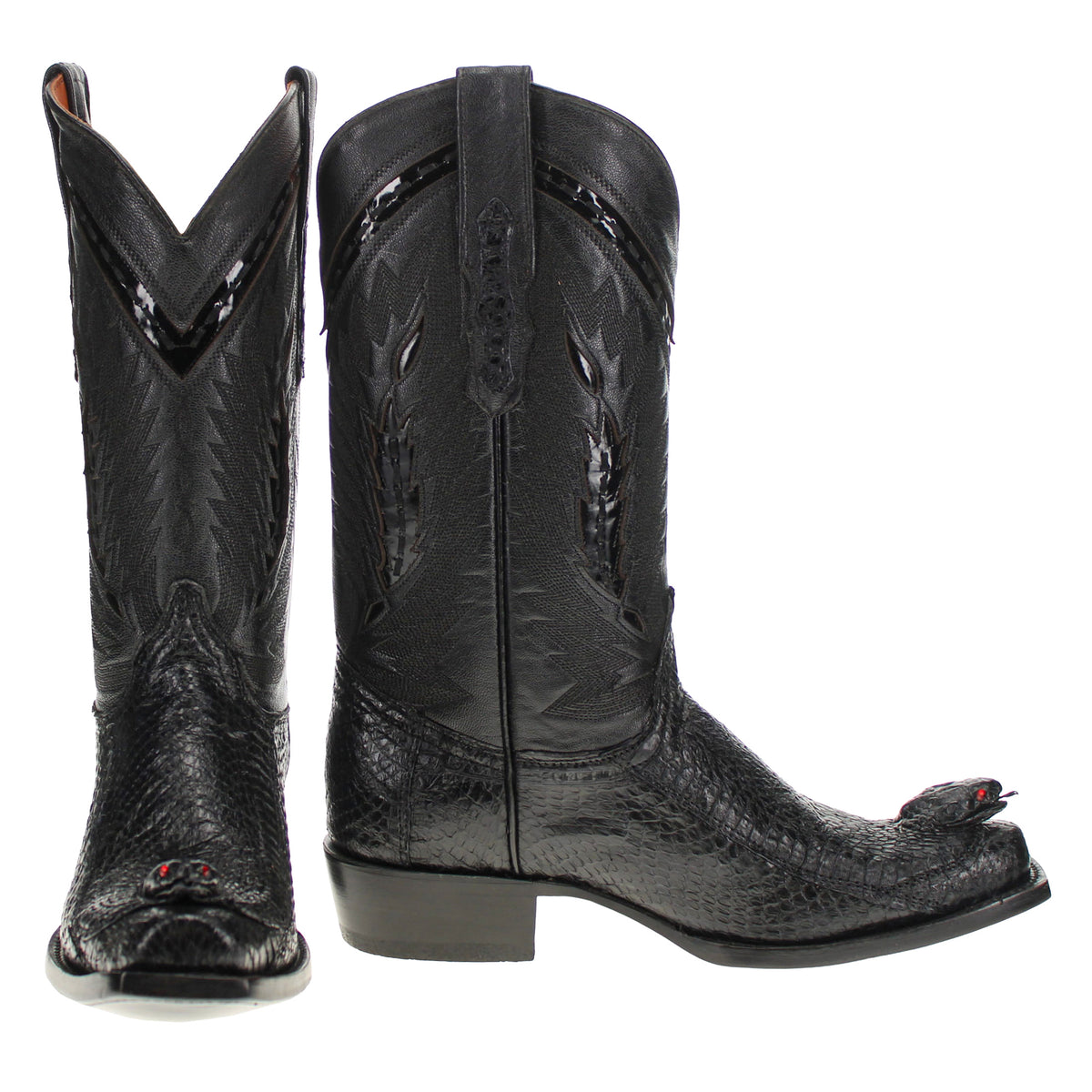 Western cowboy boot pair, black textured leather with V-shaped shaft stitching and low heel