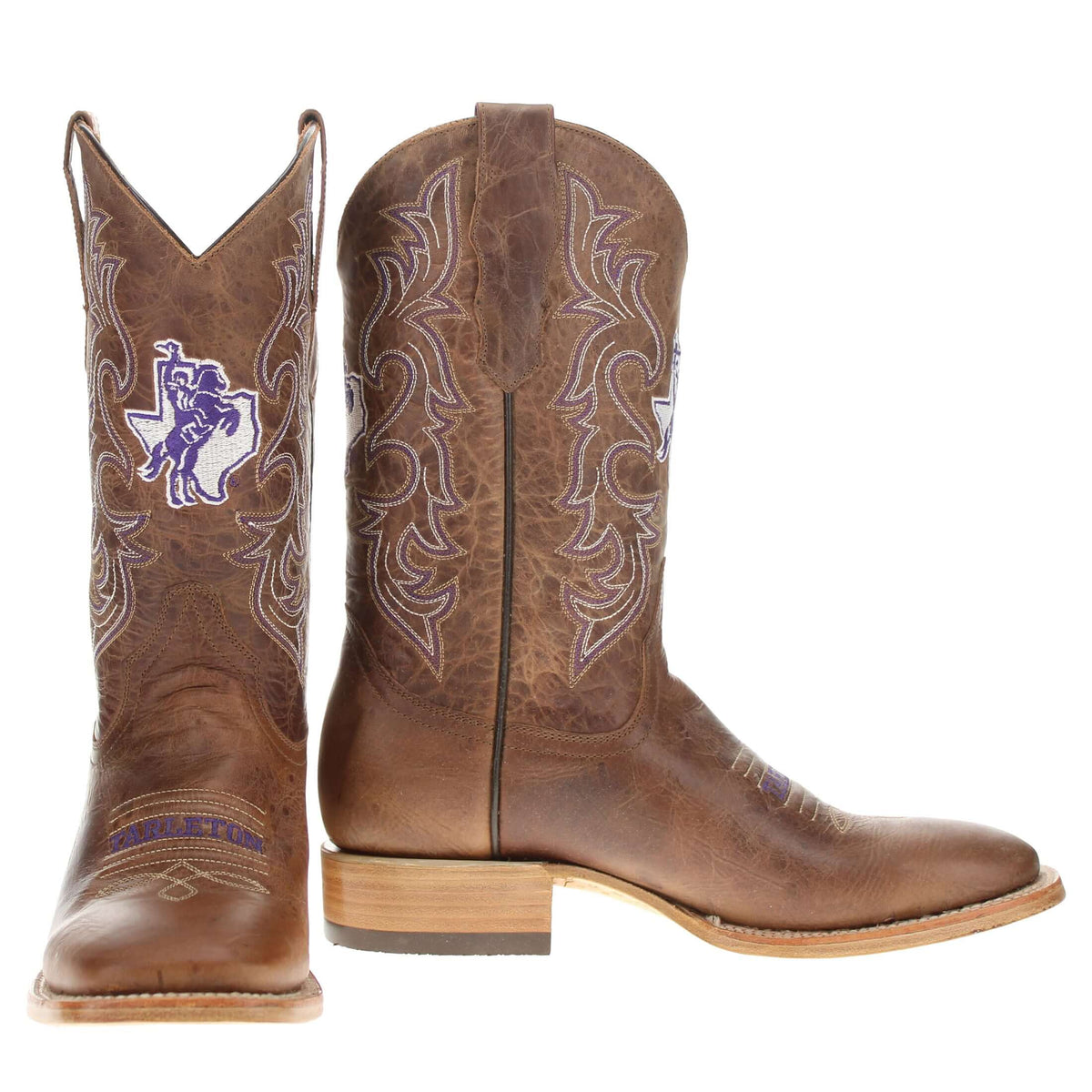 Pair of brown cowboy boots with blue horse emblem and ornate western stitching