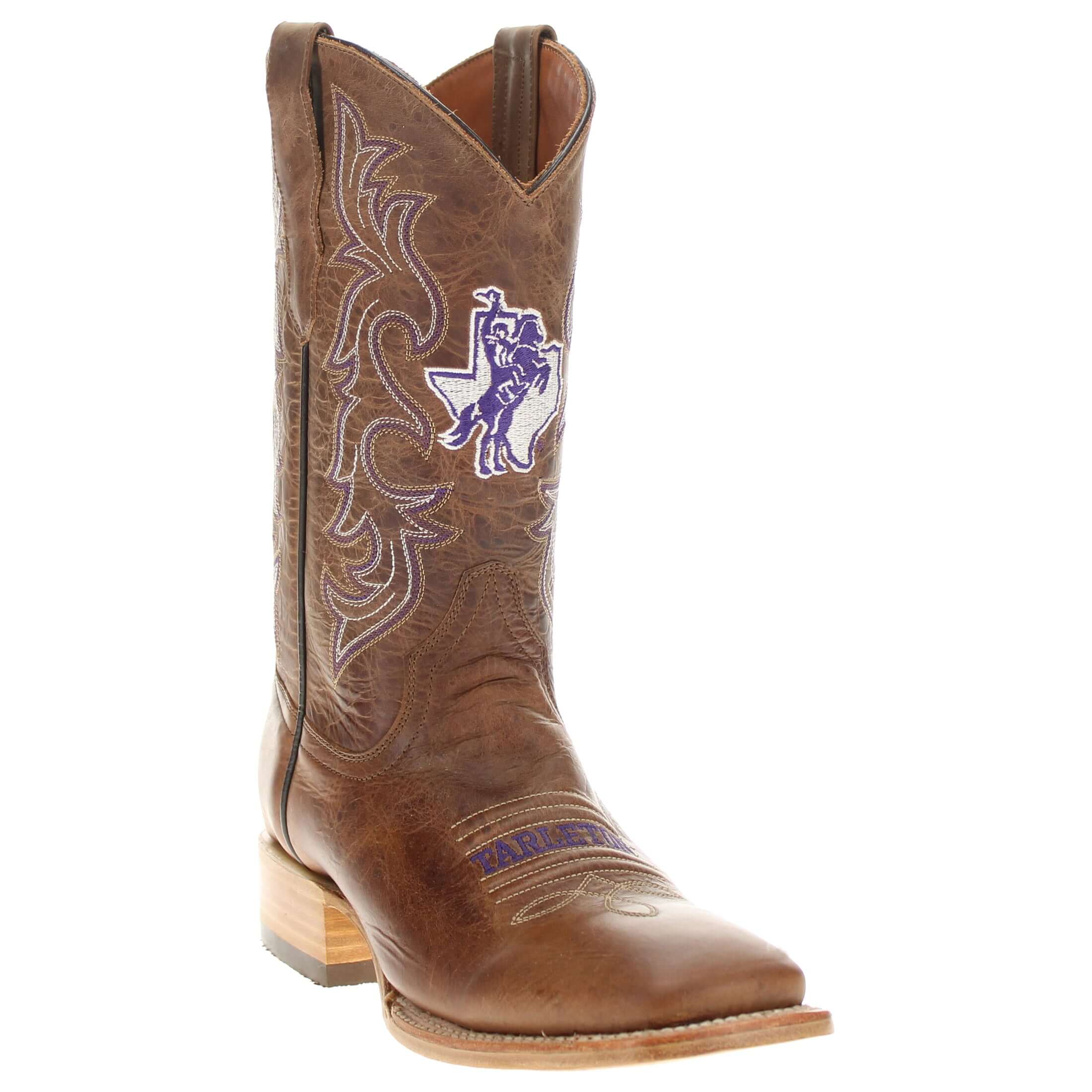 Men's Tarleton State University Tan Sqaure Toe Cowboy Boots by Vaccari