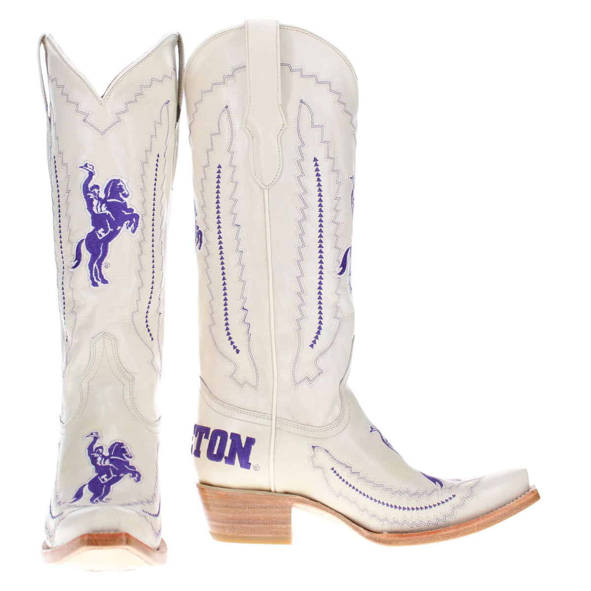Pair of white cowboy boots with purple horse logos and V-stitch trim