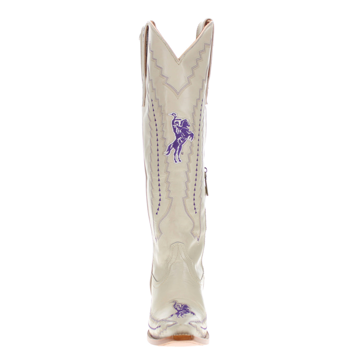 Cream tall cowboy boot with purple horse logo and side zipper closure