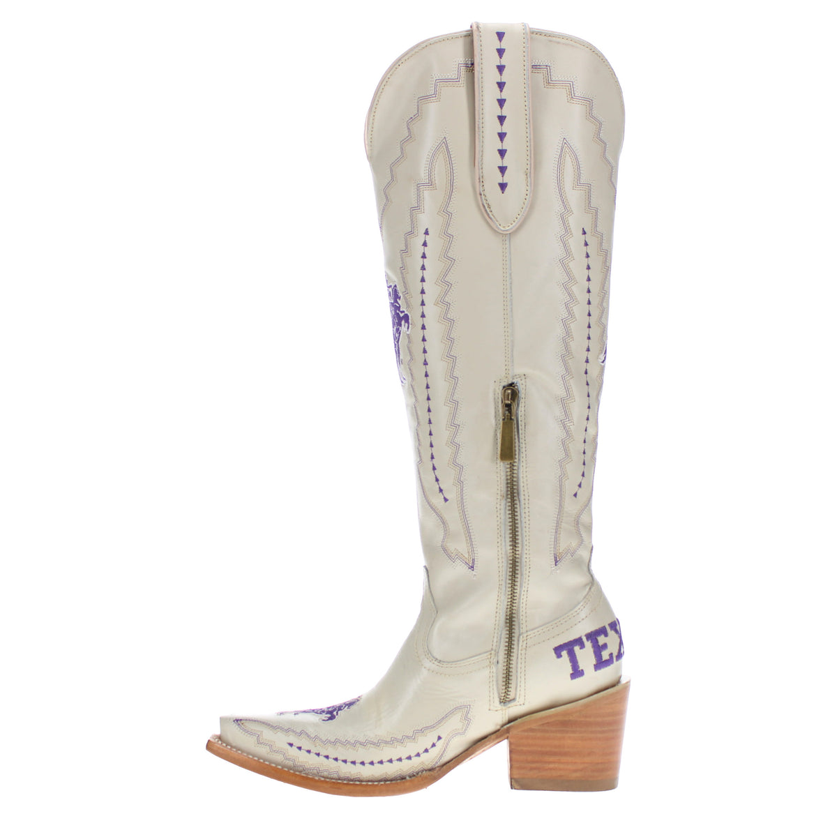 Cream cowboy boot with full-length side zipper and purple stitched accents