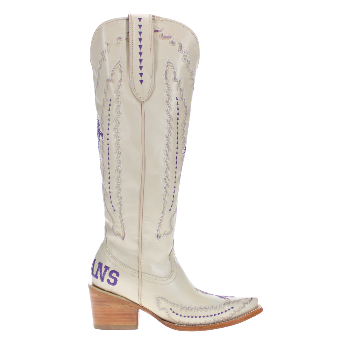 Cream cowboy boot with purple side emblem and mid-calf shaft zipper