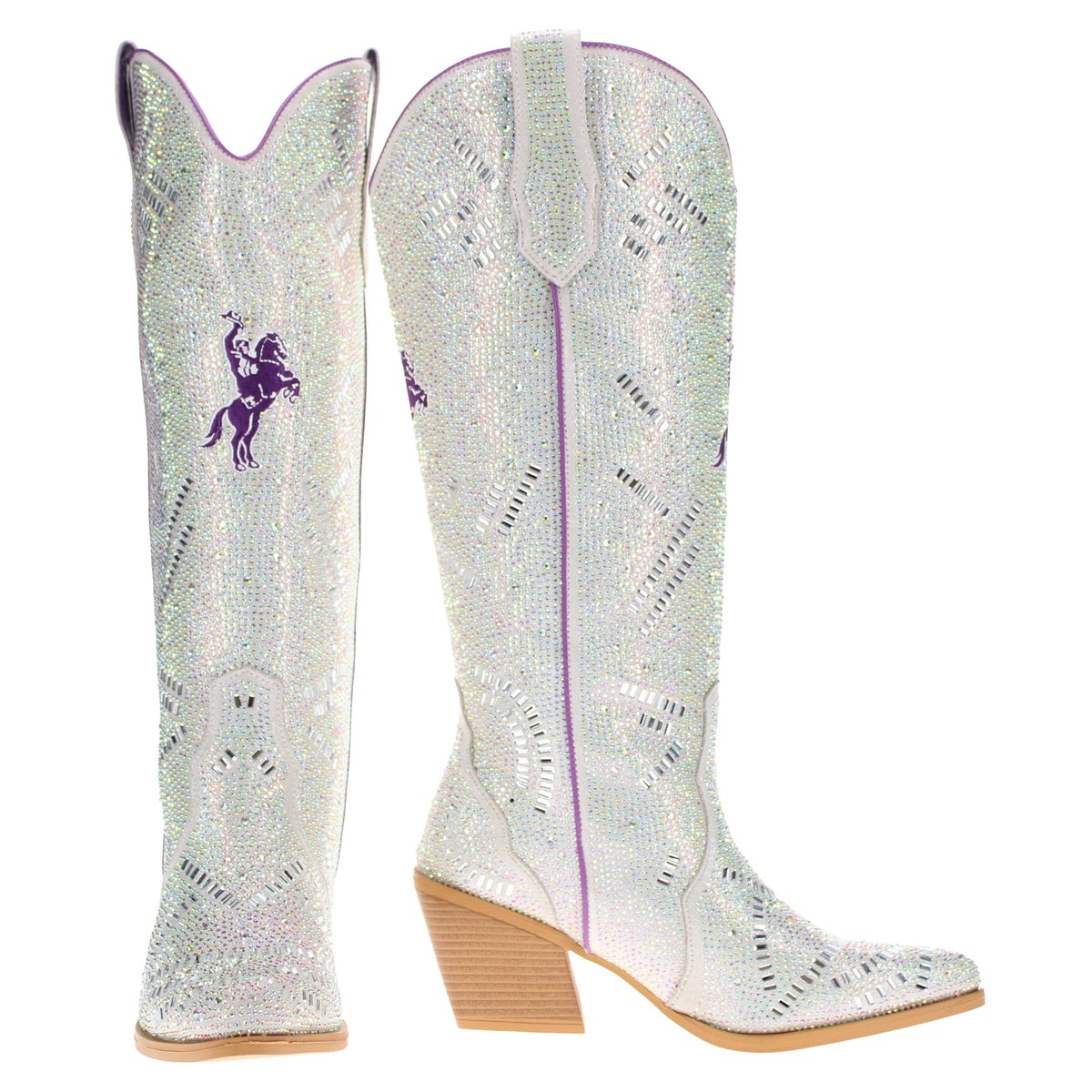 Pair of sparkly rhinestone tall cowboy boots with purple collar trim and tan block heels