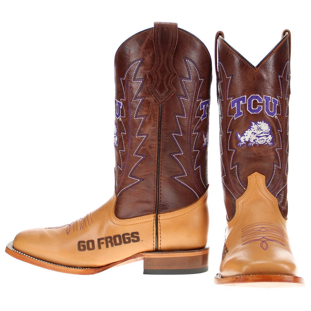 Men's Texas Christian University Horned Frogs Tan/Mocha Broad Square Cowboy Boots Weston by Vaccari