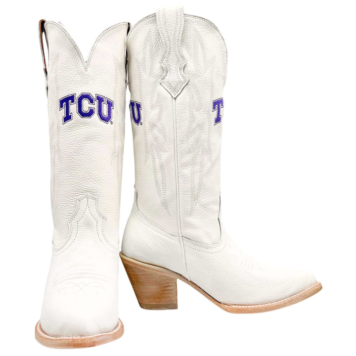 Women's Texas Christian University Horned Frogs All White Pointed Toe Cowgirl Boots Leighton by Vaccari