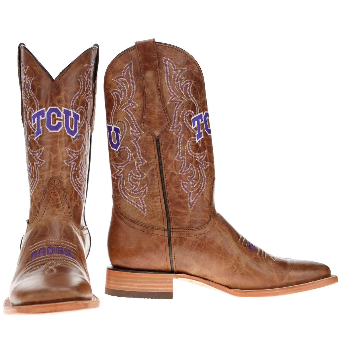 Pair of brown cowboy boots with western embroidery and TCU logos on the shafts.
