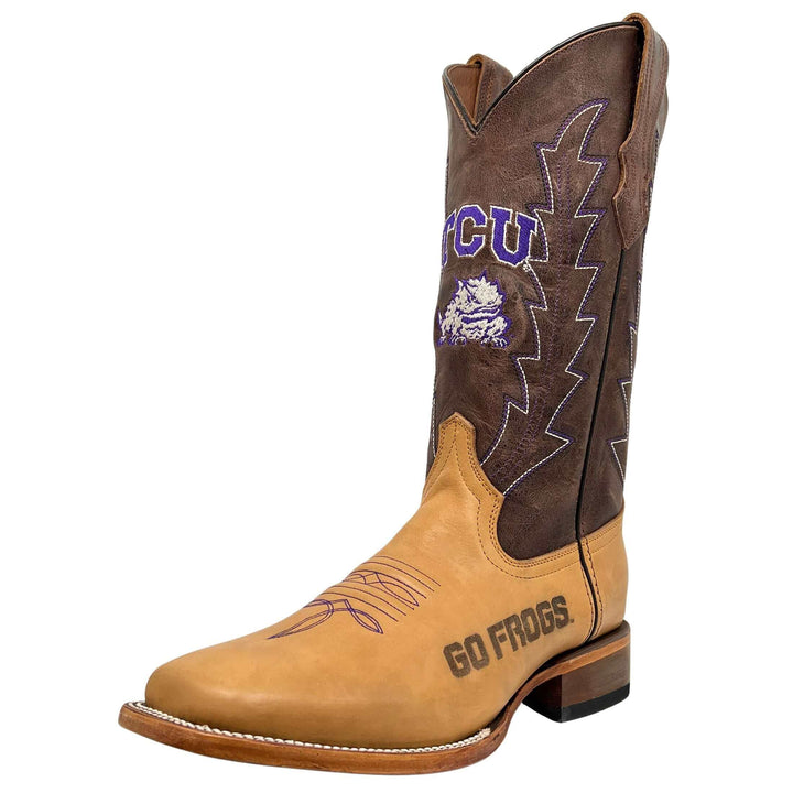 Men's Texas Christian University Horned Frogs Tan/Mocha Broad Square Cowboy Boots Weston by Vaccari