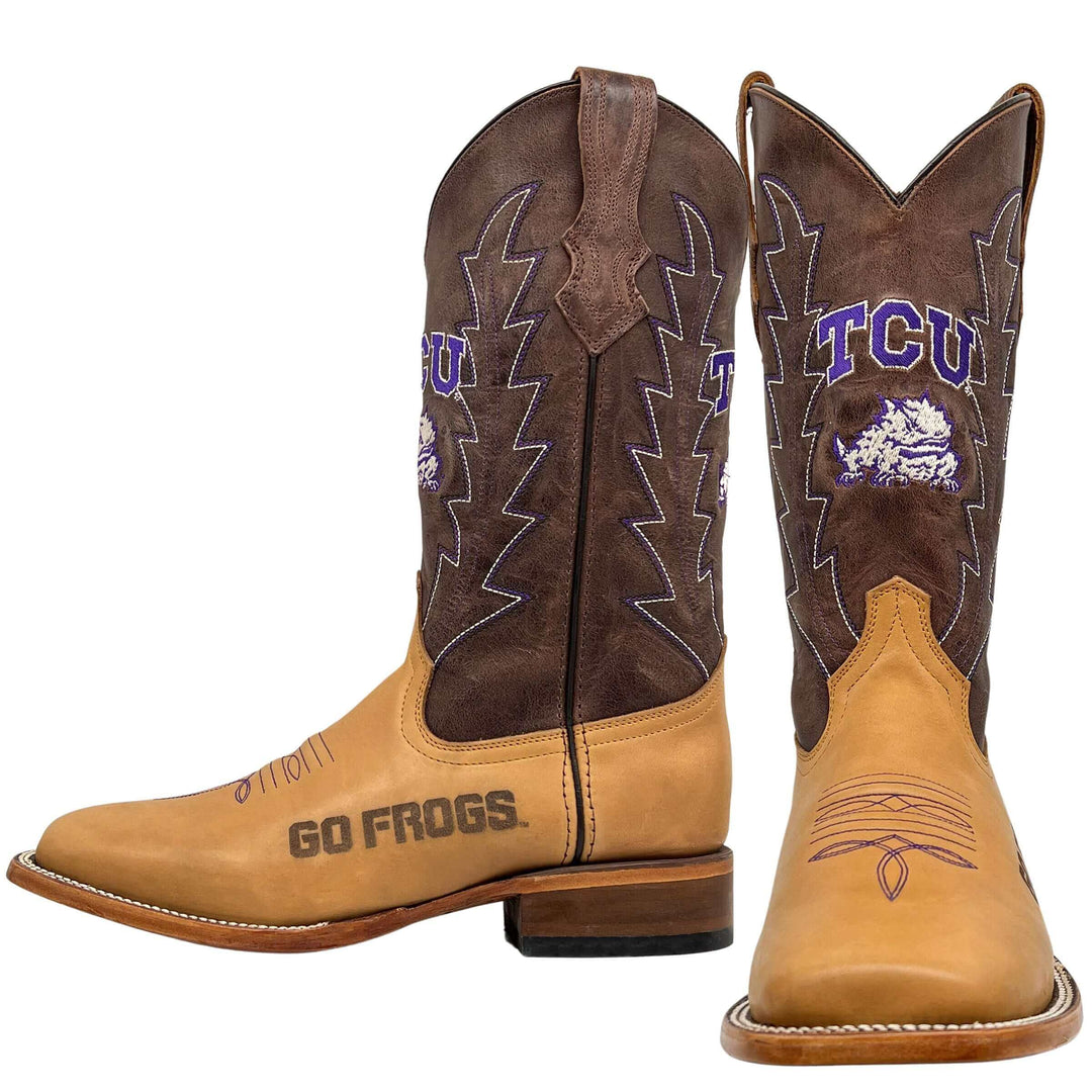 Men's Texas Christian University Horned Frogs Tan/Mocha Broad Square Cowboy Boots Weston by Vaccari